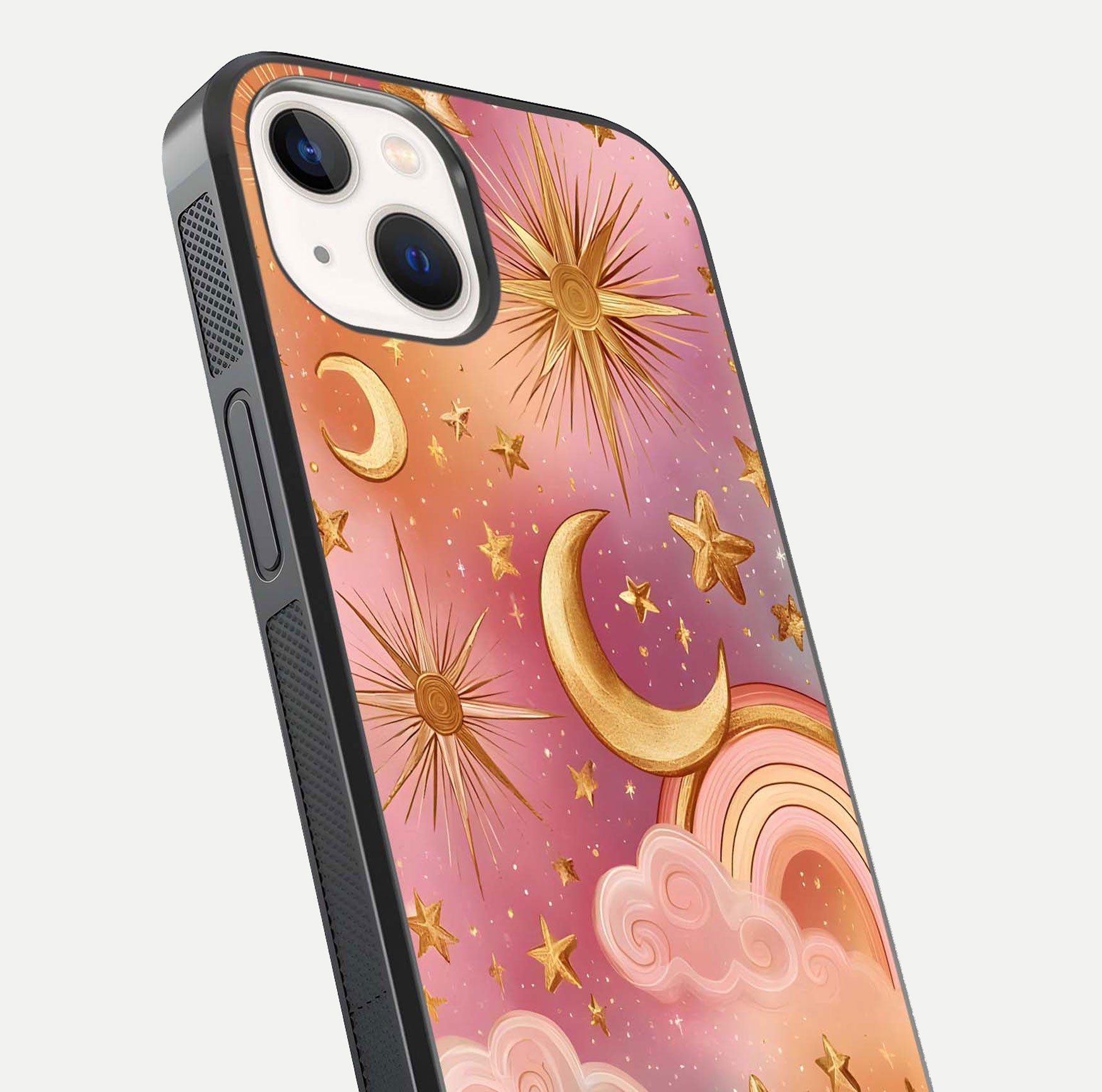 Golden Celestial Dreams Glass Case for iPhone 14 close-up angled shot showing cosmic gold tones and reflection shine
