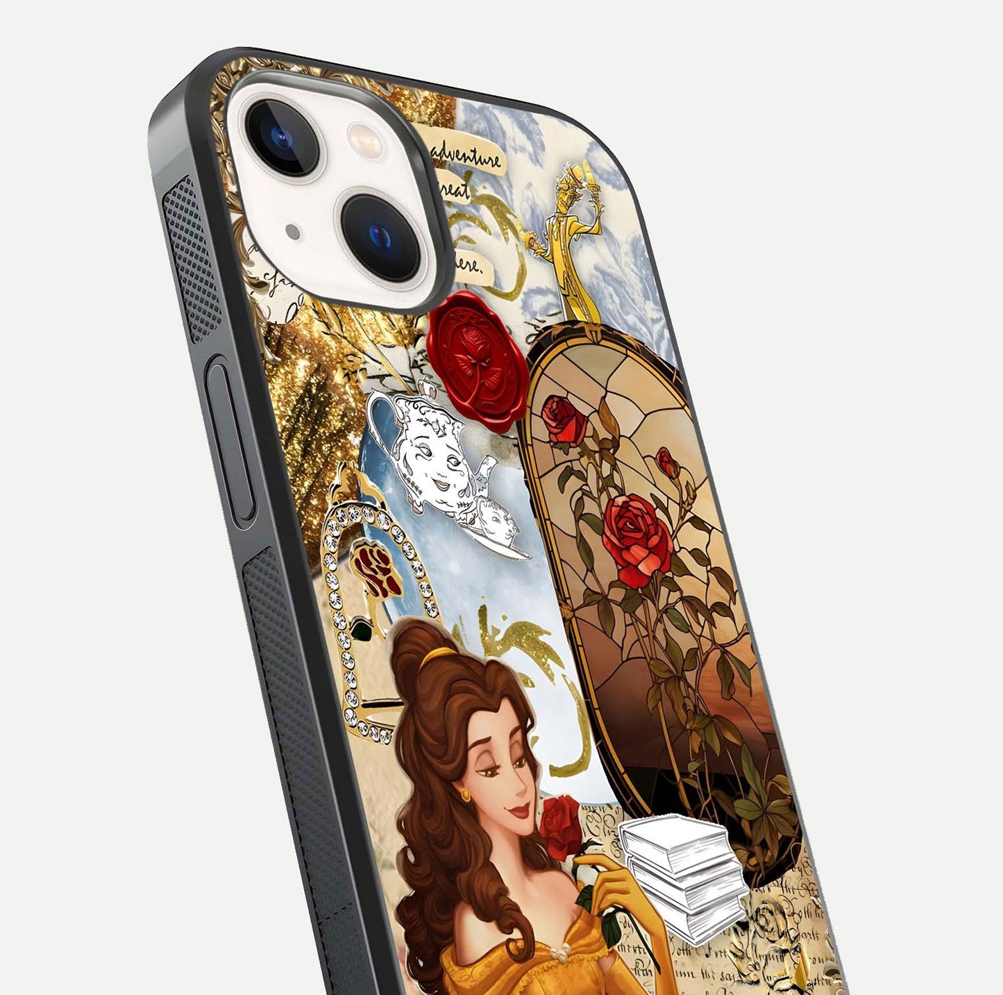 Golden Dream Belle Glass Case for iPhone 14 close-up angled shot showing gradient tones and reflection polish