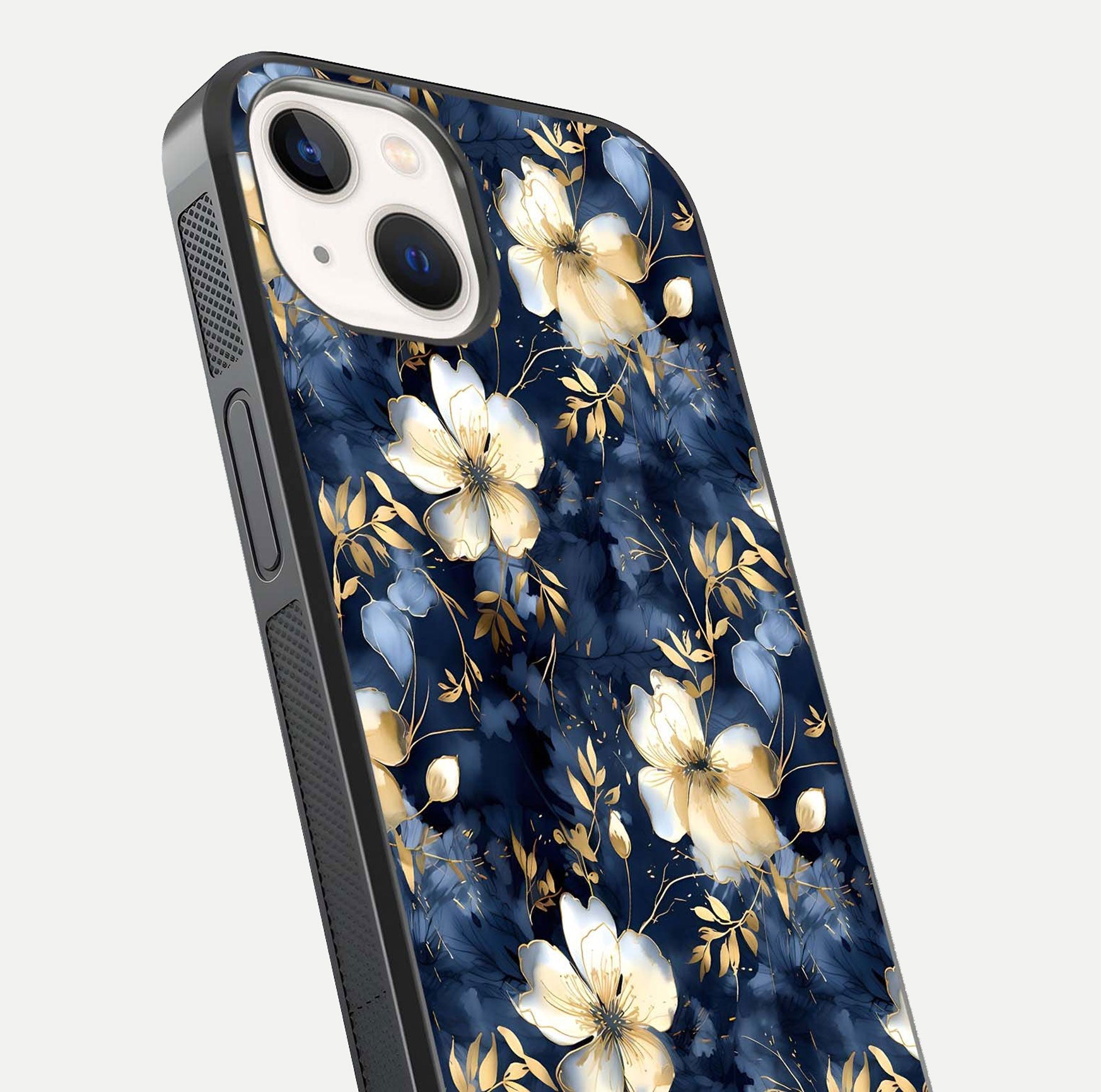 Golden Midnight Bloom Glass Case for iPhone 14 close-up angled shot showing floral detail and reflection shine