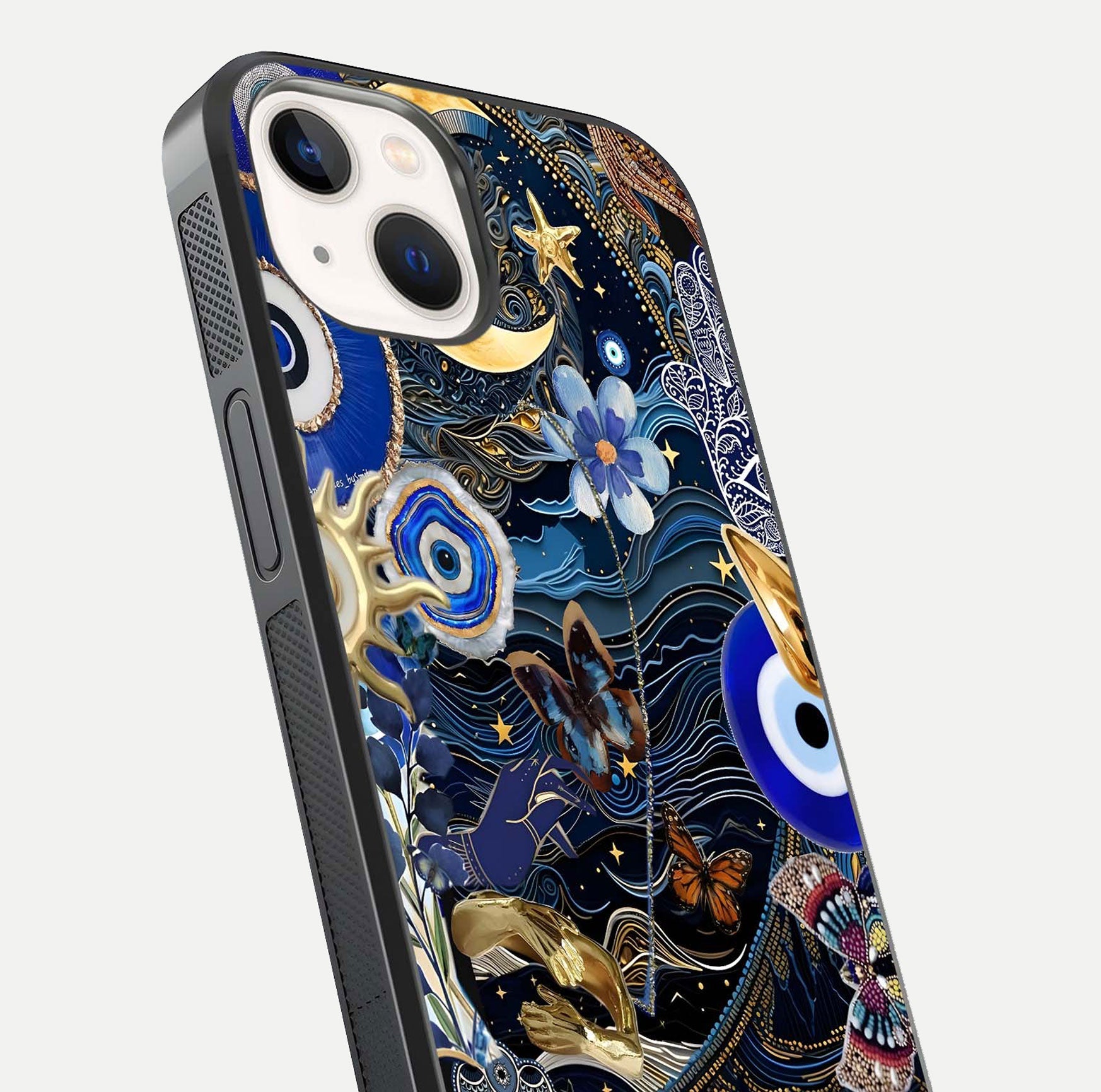 Golden Moon Magic Glass Case for iPhone 14 close-up angled shot showing lunar glow, star detail, and reflection brightness