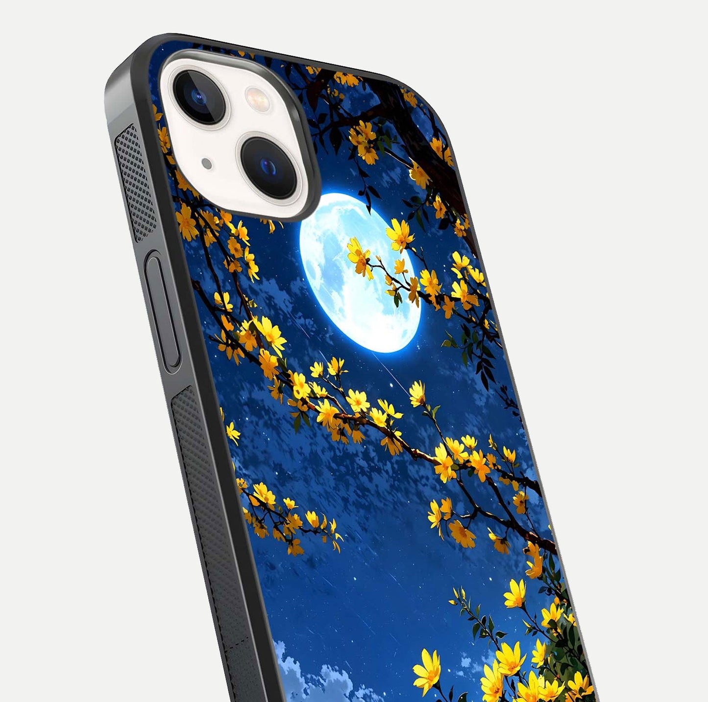 Golden Night Glow Glass Case for iPhone 14 close-up angled shot showing shimmer texture and light reflection