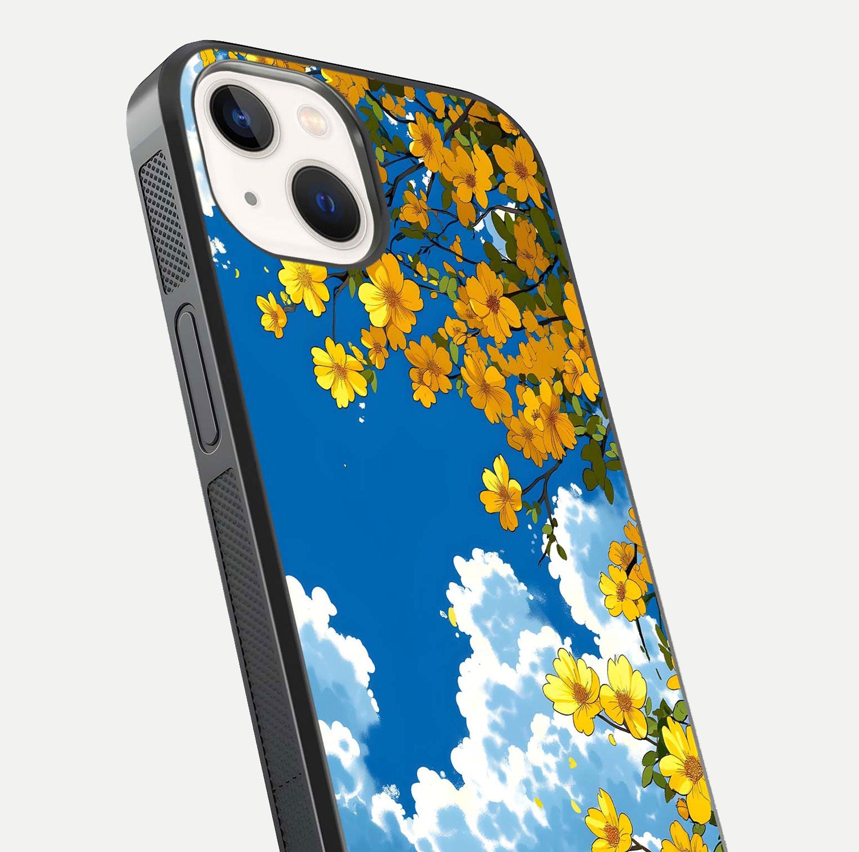 Golden Petal Sky Glass Case for iPhone 14 close-up angled shot showing petal texture and shine reflection