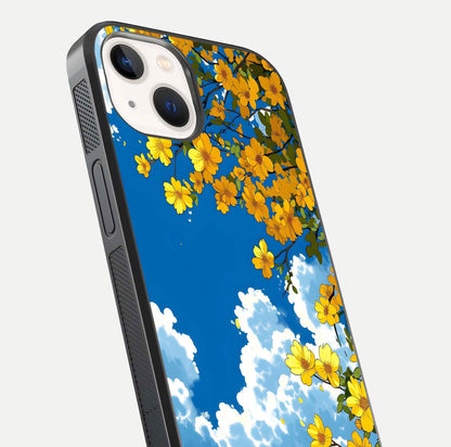 Golden Petal Sky Glass Case for iPhone 14 close-up angled shot showing petal texture and shine reflection