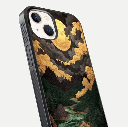 Golden River Moon Glass Case for iPhone 14 close-up angled shot showing moon reflection and water shine