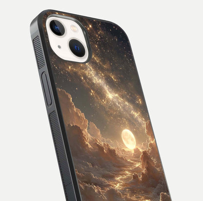 Golden Sky Dream Glass Case for iPhone 14 close-up angled shot showing gradient tones and reflection polish