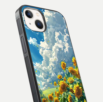 Golden Sun Glory Glass Case for iPhone 14 close-up angled shot showing sunlight reflection and gold detailing