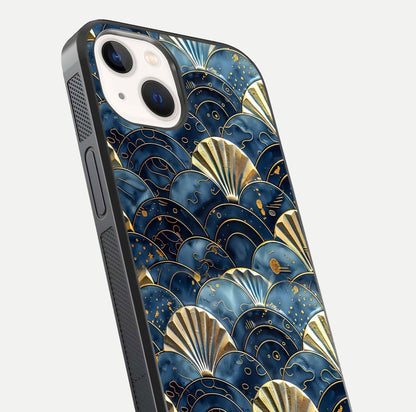 Golden Wave Luxe Glass Case for iPhone 14 close-up angled shot showing flowing wave texture and reflection brightness