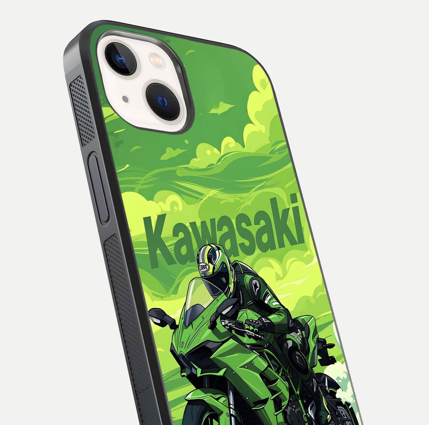Green Kawasaki Glass Case for iPhone 14 close-up angled shot showing sporty line details and reflection shine
