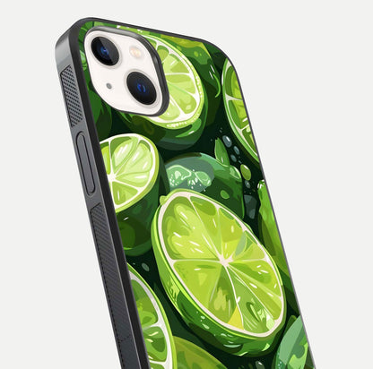 Green Lemon Glass Case for iPhone 14 close-up angled shot showing lemon slice texture and reflection brightness