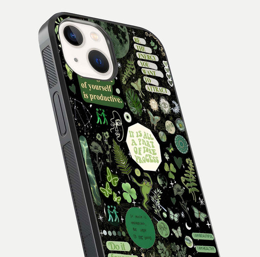 Green Moon Energy Glass Case for iPhone 14 close-up angled shot showing glowing lunar detail and reflection shine