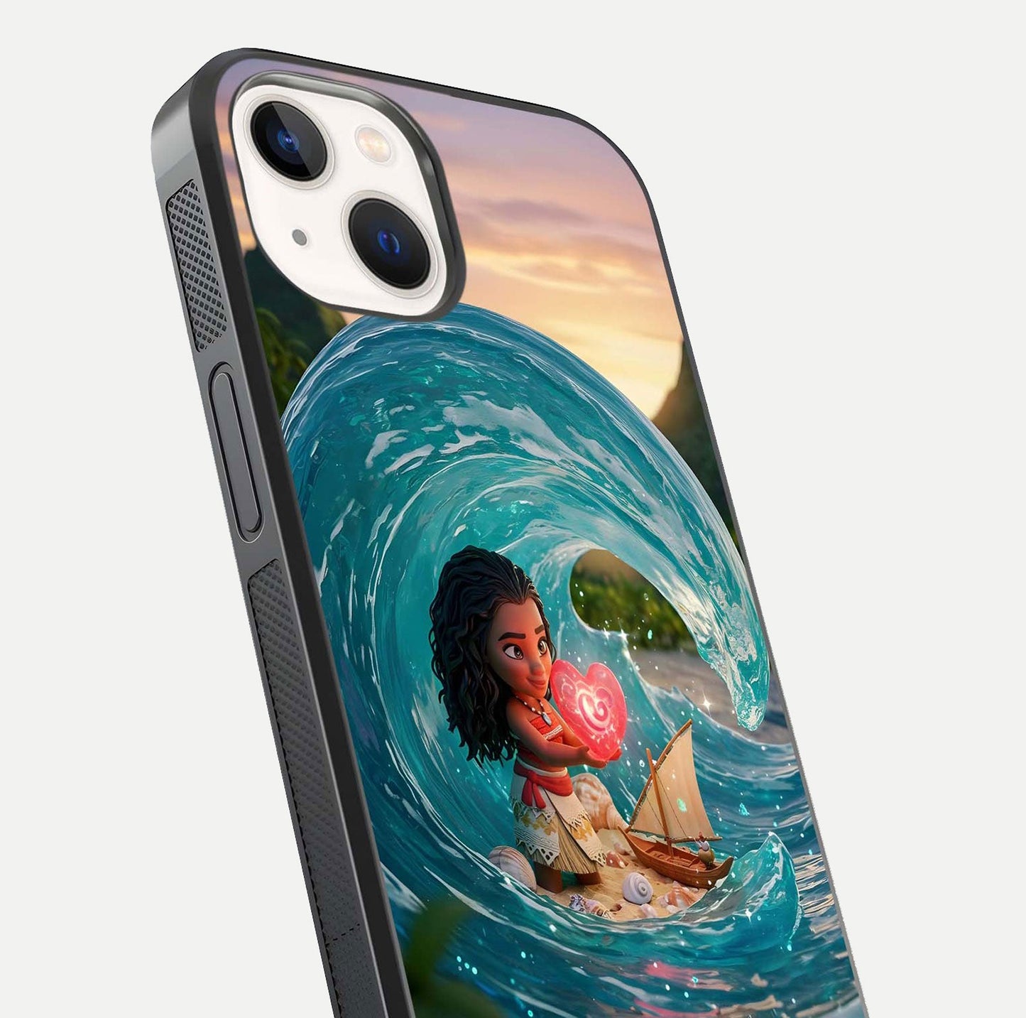 Heart of Ocean Glass Case for iPhone 14 close-up angled shot showing blue tones and reflection shine