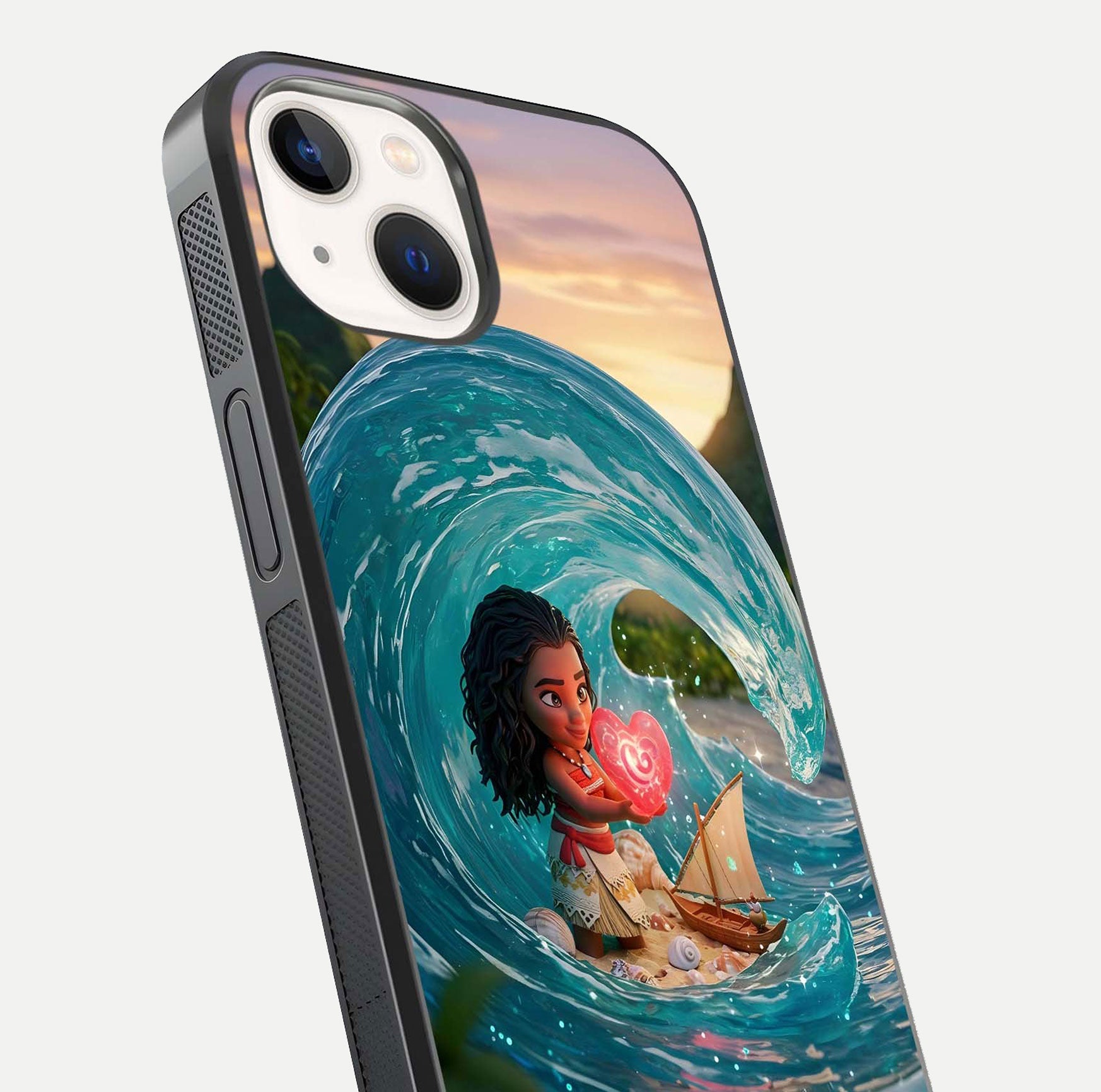Heart of Ocean Glass Case for iPhone 14 close-up angled shot showing blue tones and reflection shine