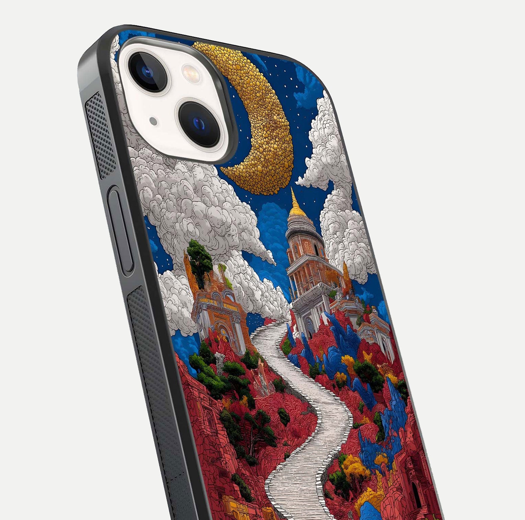 Heavenly Moon Path Glass Case for iPhone 14 close-up angled shot showing moon reflection and shimmer texture