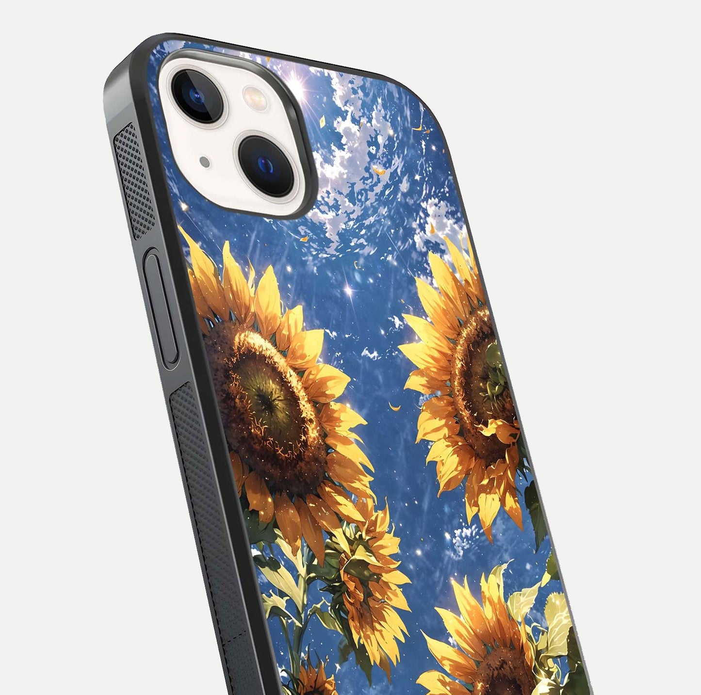 Heavenly Sunflower Rise Glass Case for iPhone 14 close-up angled shot showing sunflower texture and reflection polish