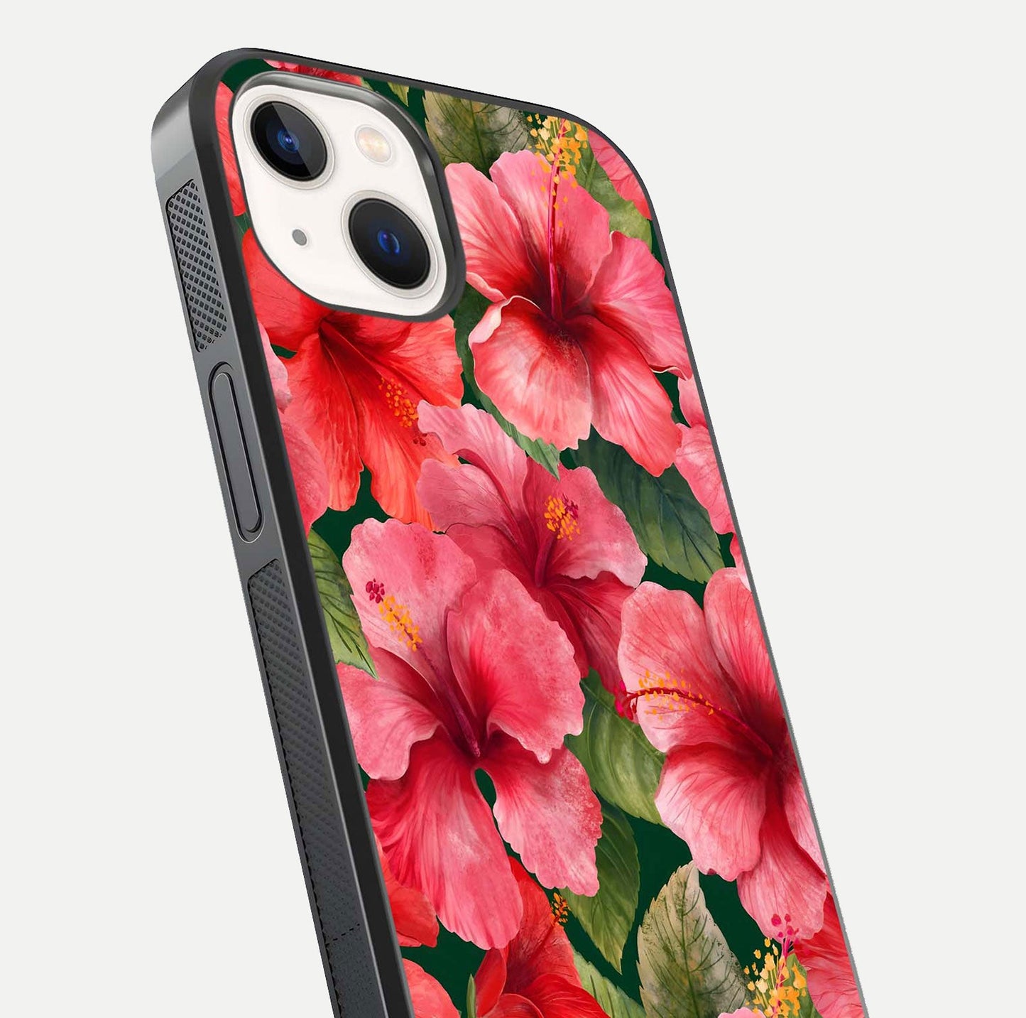 Hibiscus Pattern Glass Case for iPhone 14 close-up angled shot showing flower details and gloss reflection