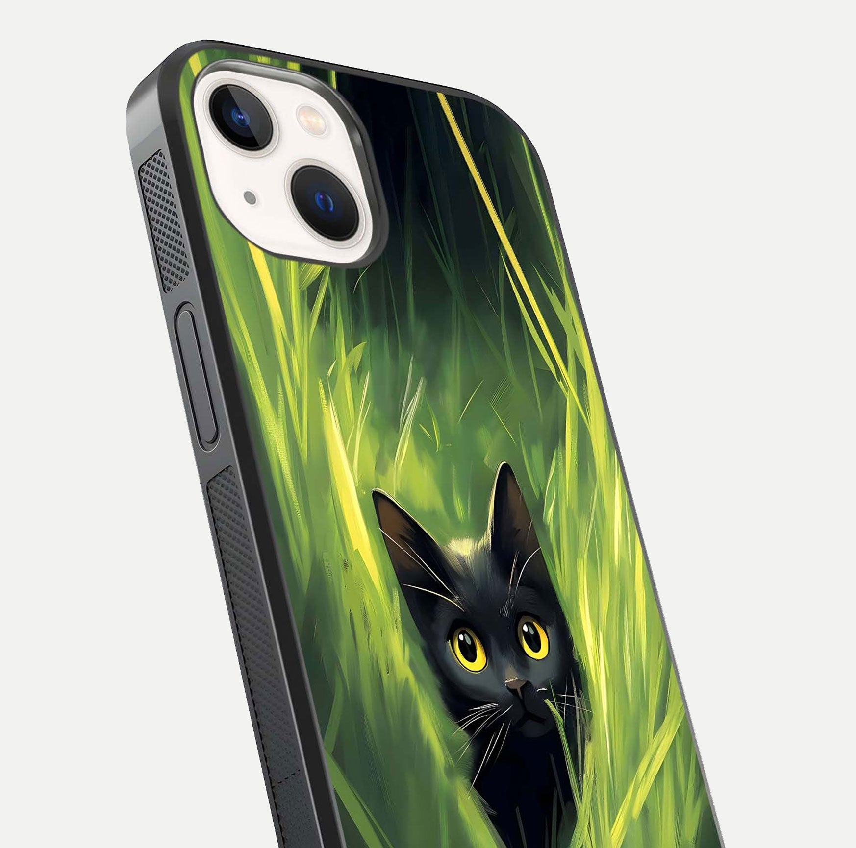 Hidden Cat Whisper Glass Case for iPhone 14 close-up angled shot showing feline details and reflection polish