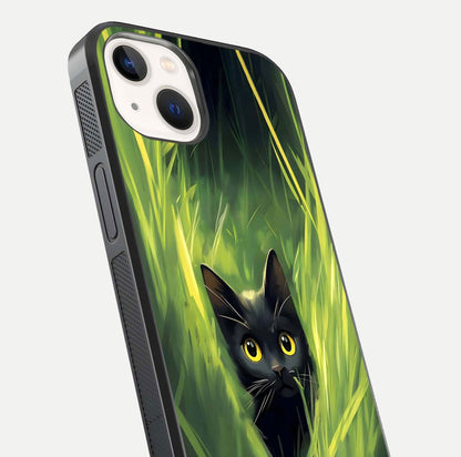 Hidden Cat Whisper Glass Case for iPhone 14 close-up angled shot showing feline details and reflection polish