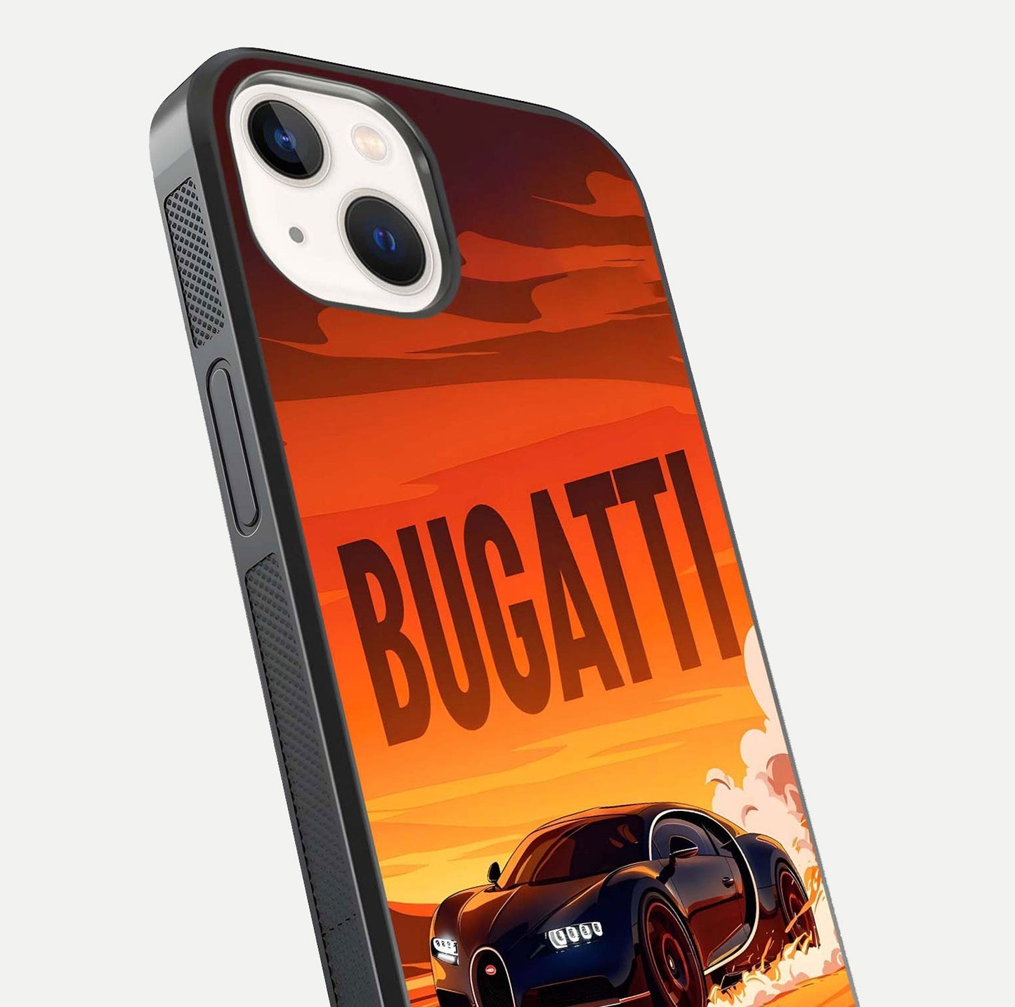 Inferno Bugatti Storm Glass Case for iPhone 14 close-up angled shot showing flame details and reflection shine