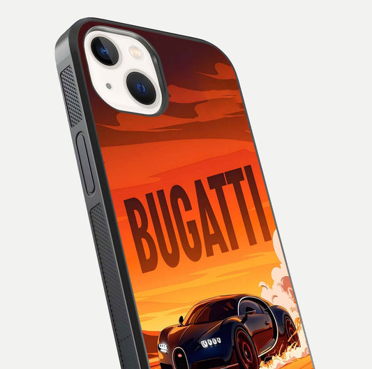 Inferno Bugatti Storm Glass Case for iPhone 14 close-up angled shot showing flame details and reflection shine