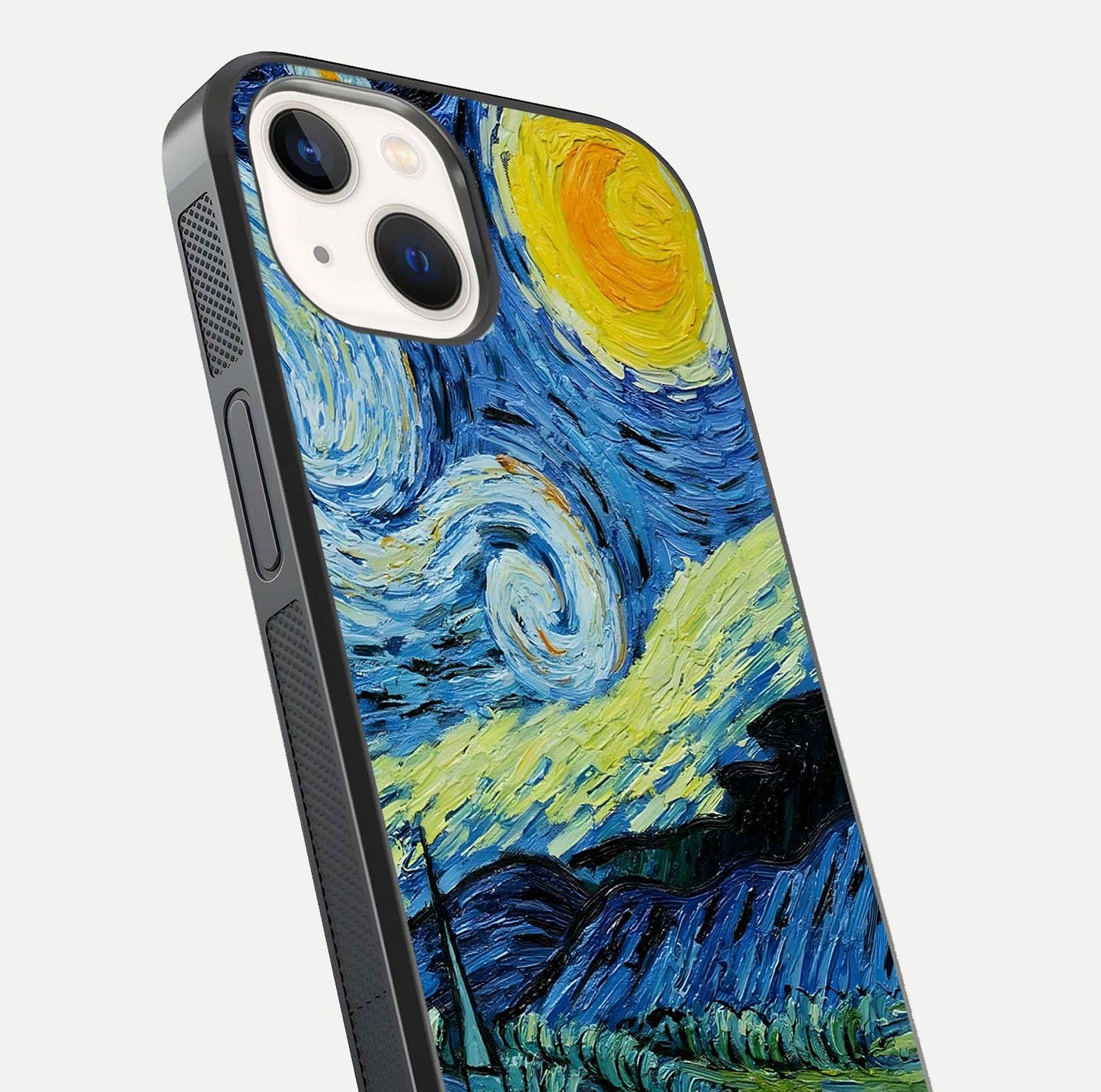 Inspired Van Gogh Art Glass Case for iPhone 14 close-up angled shot showing brushstroke texture and shine detail