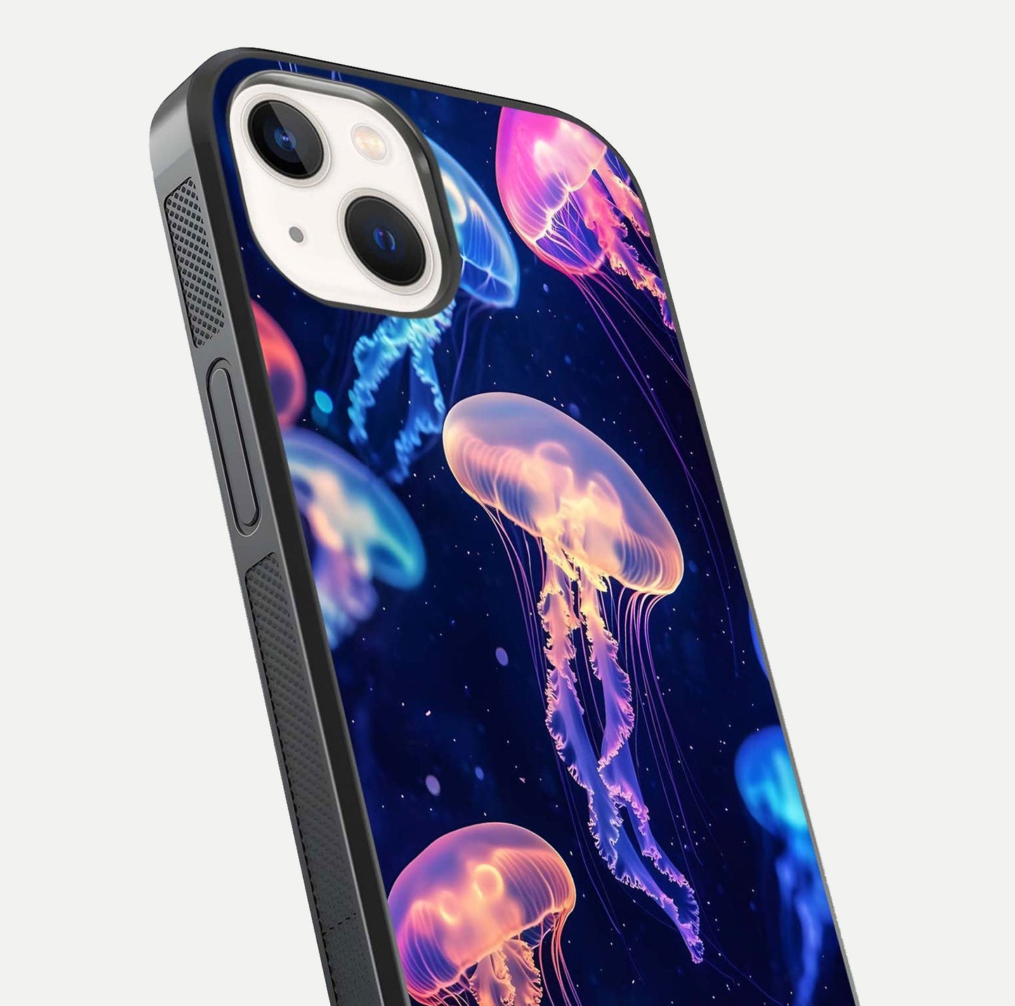 Jellyfish Pattern Glass Case for iPhone 14 close-up angled shot showing translucent tentacles and light reflection