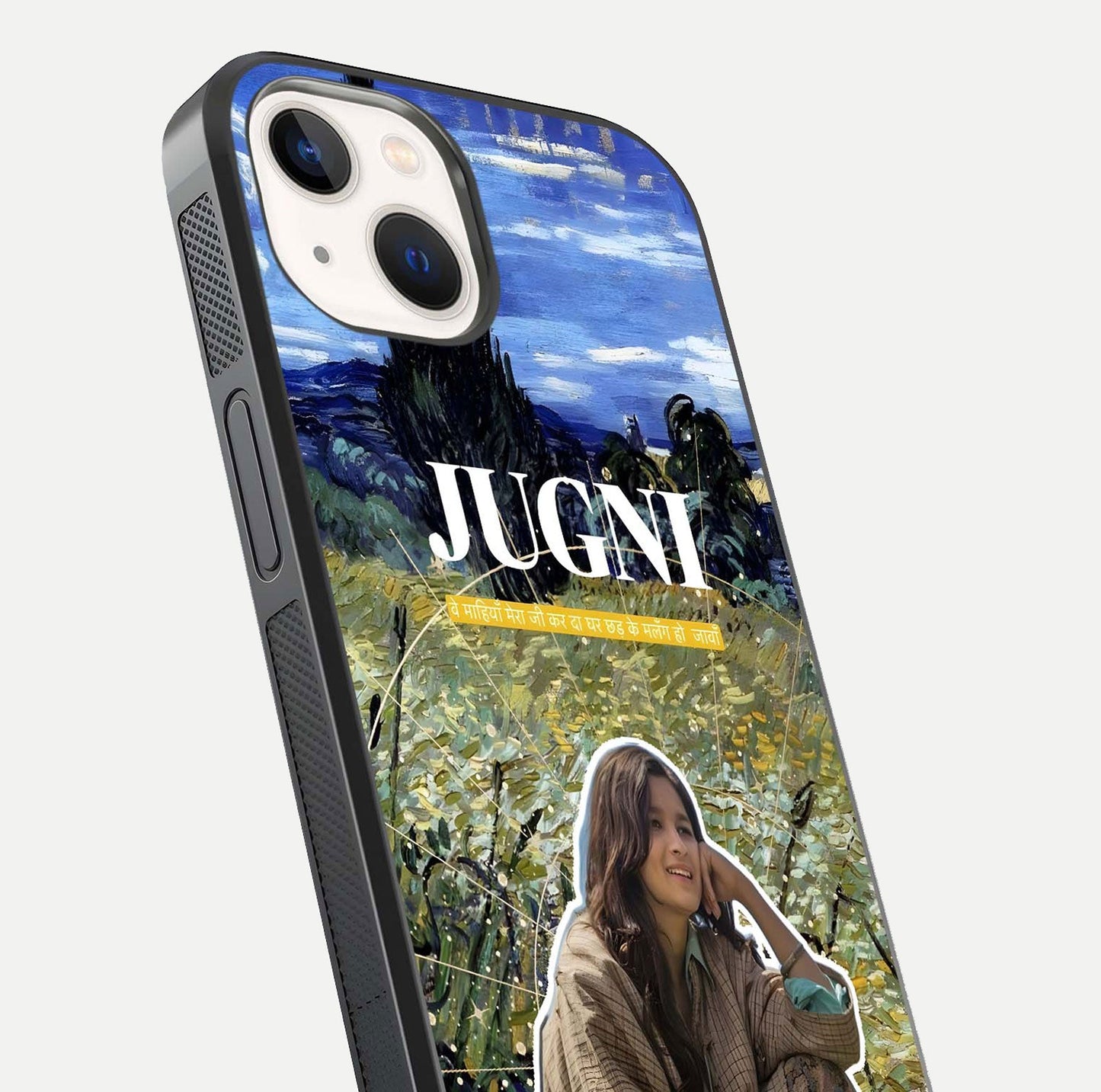 Jugni Soul Vibes Glass Case for iPhone 14 close-up angled shot showing typography detail and vibrant gloss reflection