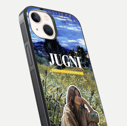 Jugni Soul Vibes Glass Case for iPhone 14 close-up angled shot showing typography detail and vibrant gloss reflection