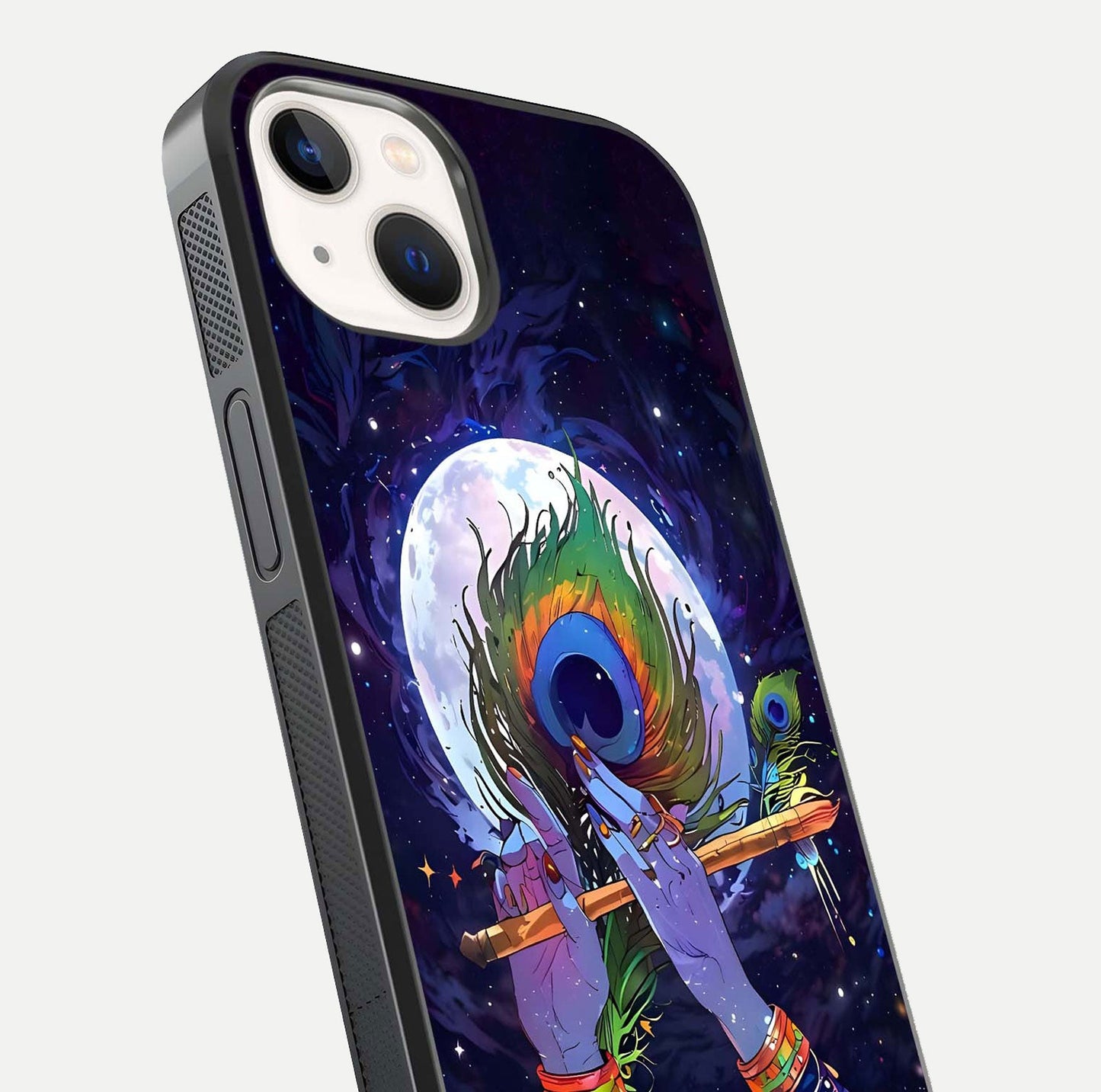 Krishna Hands Art Glass Case for iPhone 14 close-up angled shot showing detailed hand design and shine