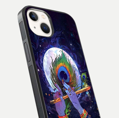 Krishna Hands Art Glass Case for iPhone 14 close-up angled shot showing detailed hand design and shine