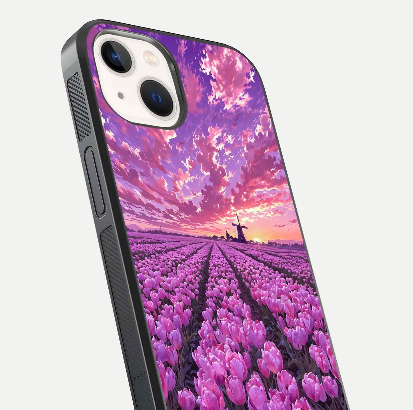 Lavender Dream Skies Glass Case for iPhone 14 close-up angled shot showing purple hues and soft reflection