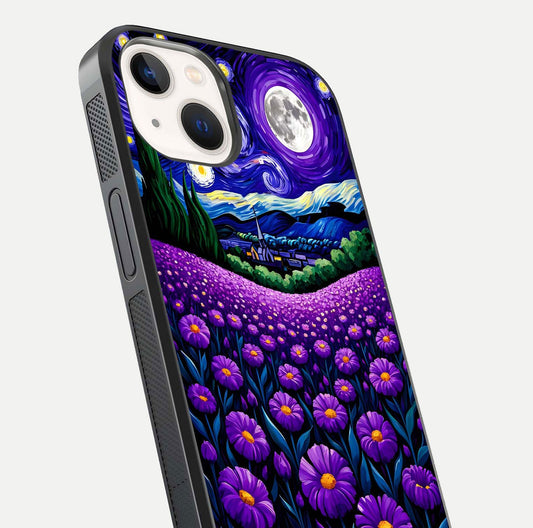 Lavender Moon Field Glass Case for iPhone 14 close-up angled shot showing moon glow and purple detailing