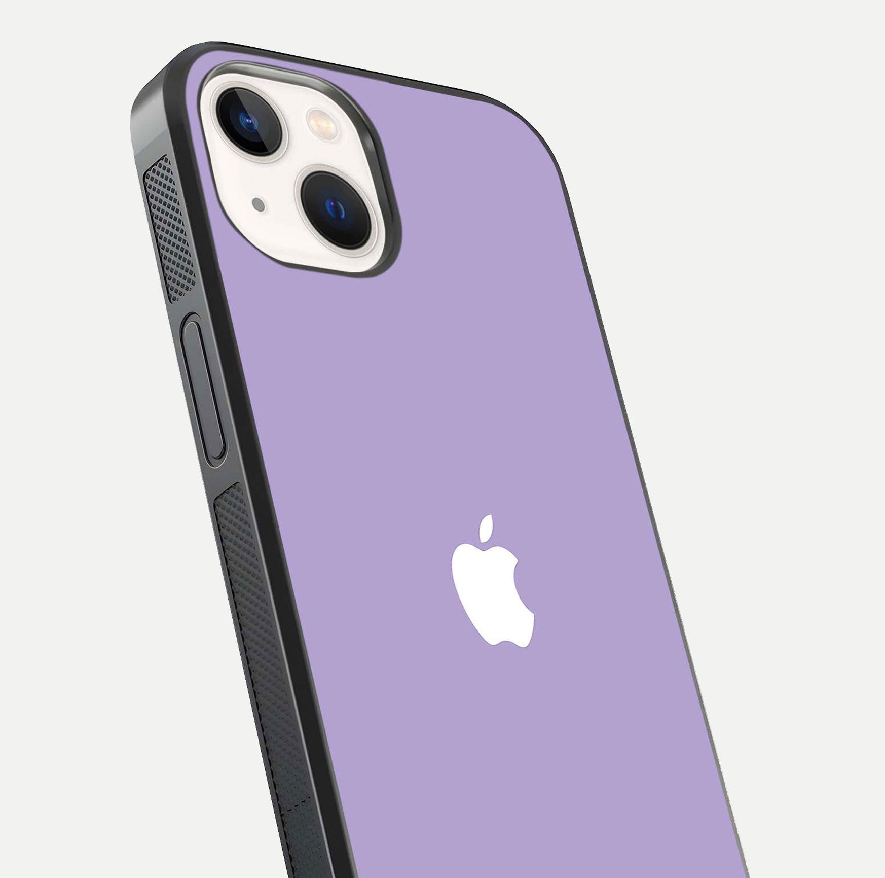 Lavender Soft Minimal Glass Case for iPhone 14 close-up angled shot showing clean color texture and shine