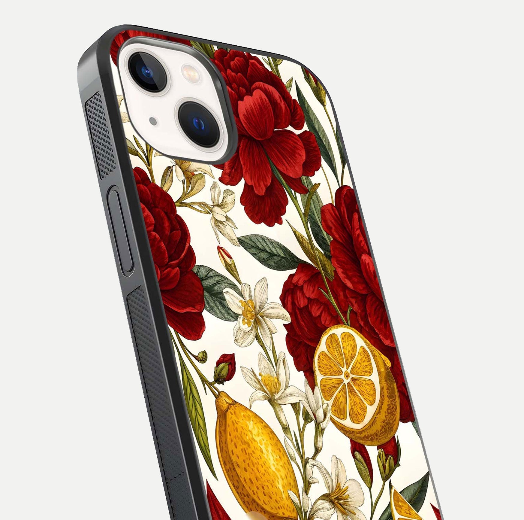 Lemon Rose Charm Glass Case for iPhone 14 angled close-up showing vivid rose details and HD glass reflection