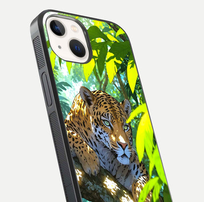 Leopard in Jungle Glass Case for iPhone 14 angled close-up showing fur texture and glossy shine reflection