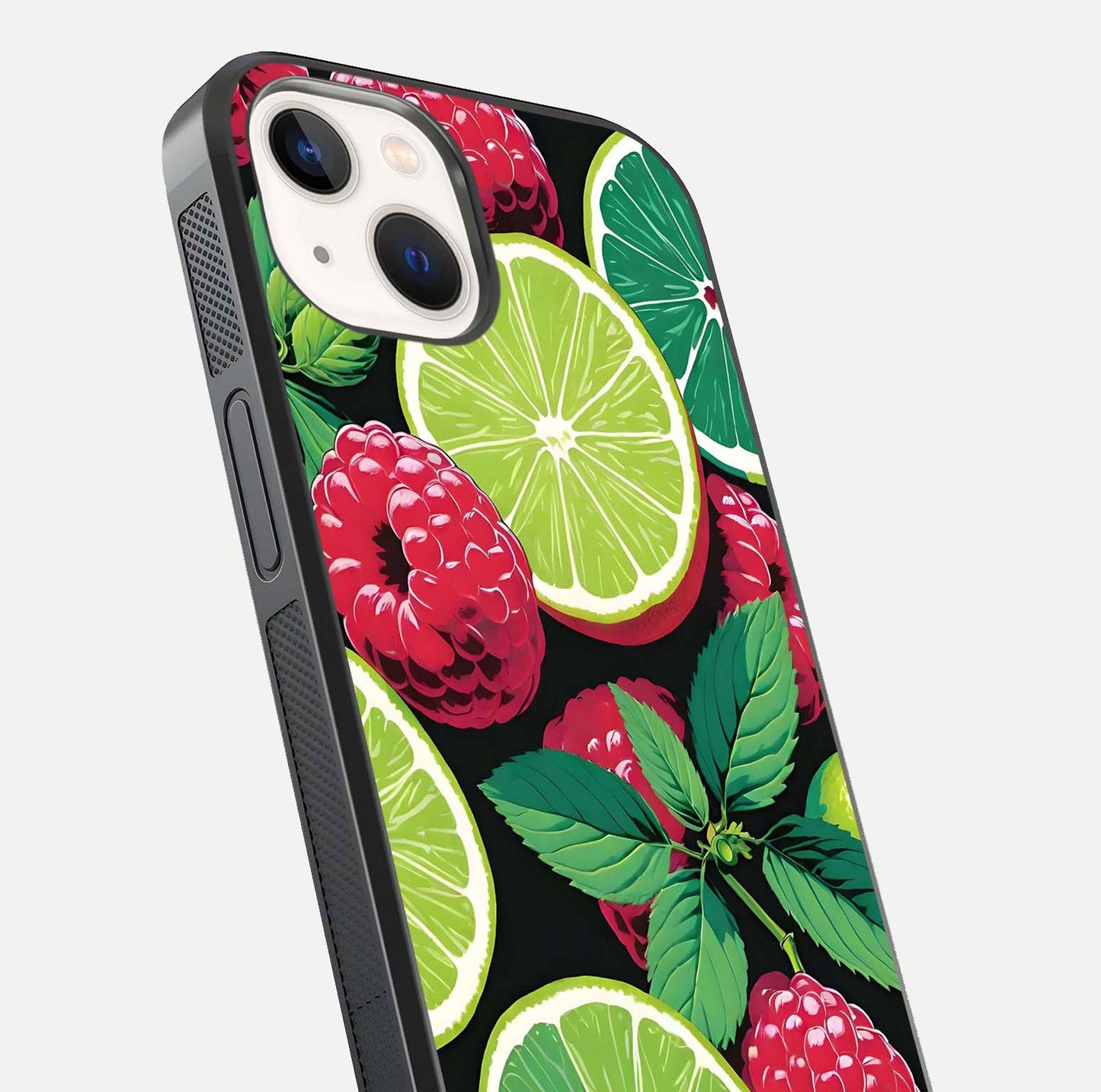 Lime and Raspberry Pattern Glass Case for iPhone 14 angled close-up showing fruit texture and reflection glow