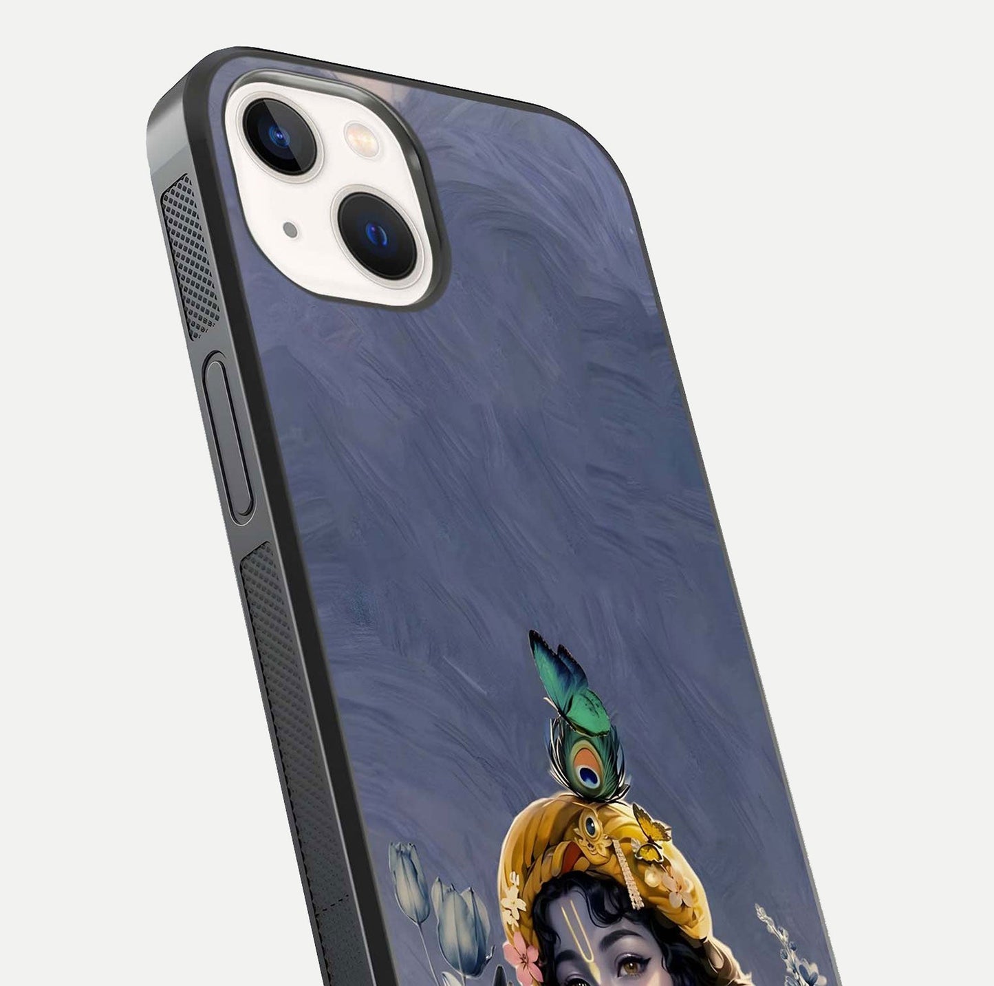 Lord Krishna Glass Case for iPhone 14 angled close-up showing intricate flute and reflection details