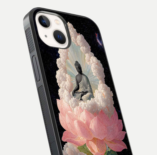 Lotus Divine Peace Glass Case for iPhone 14 angled close-up showing delicate petals and gloss reflection