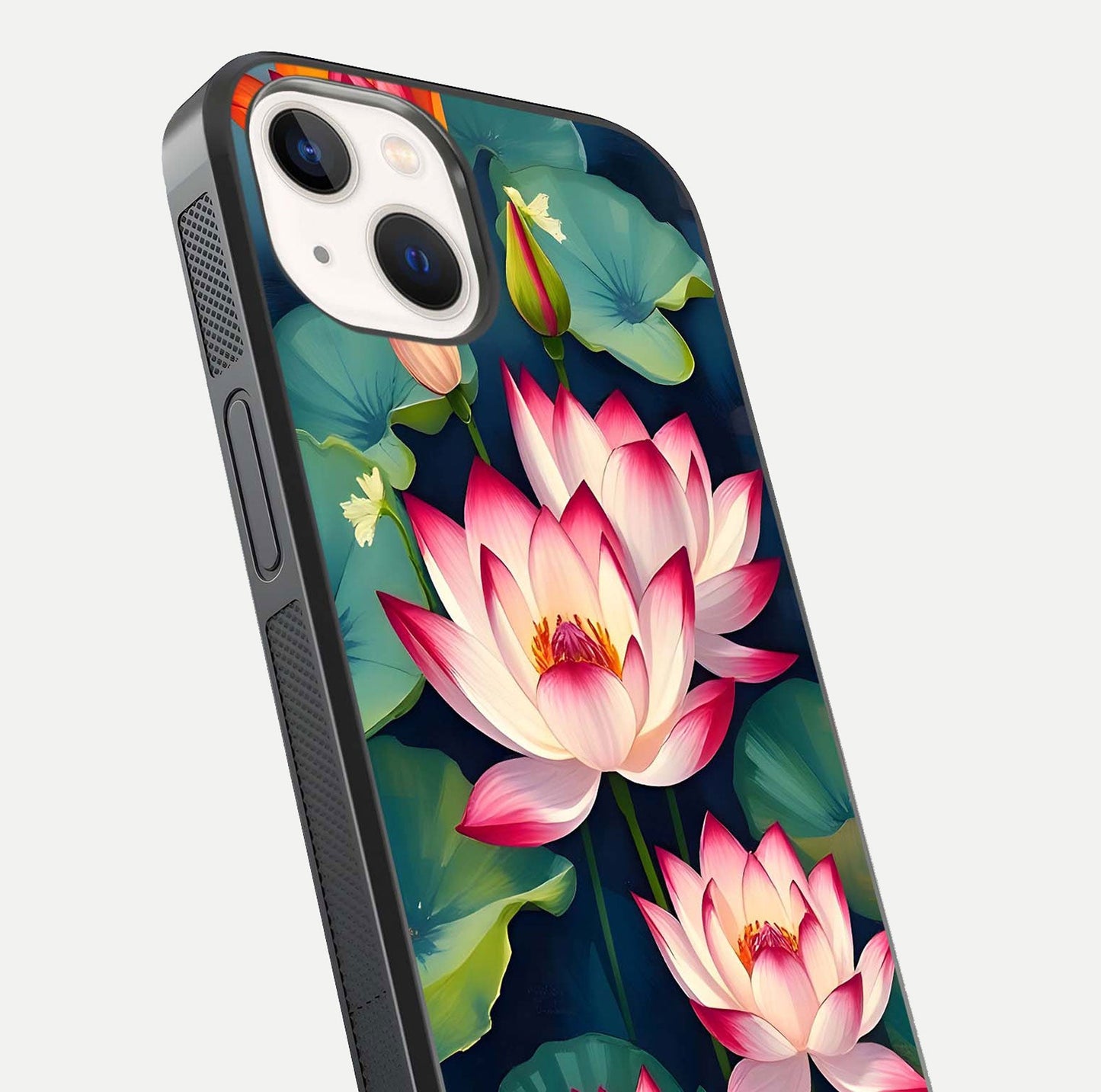 Lotus Dream Serenity Glass Case for iPhone 14 close-up angled shot showing floral details and soft shine
