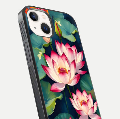 Lotus Dream Serenity Glass Case for iPhone 14 close-up angled shot showing floral details and soft shine