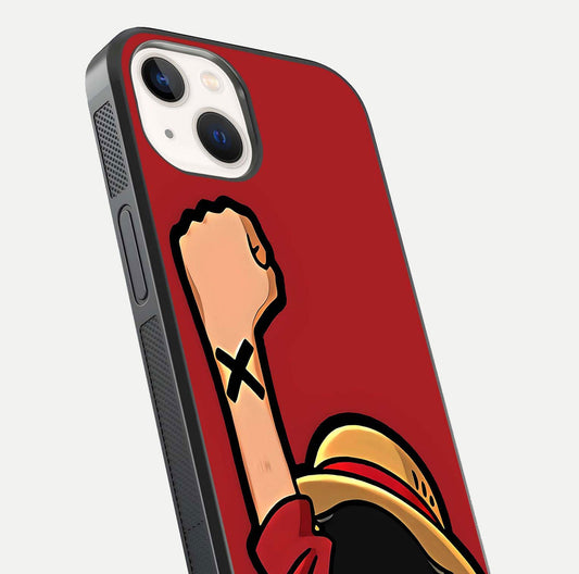 Luffy X Spirit Glass Case for iPhone 14 close-up angled shot showing character detailing and gloss texture