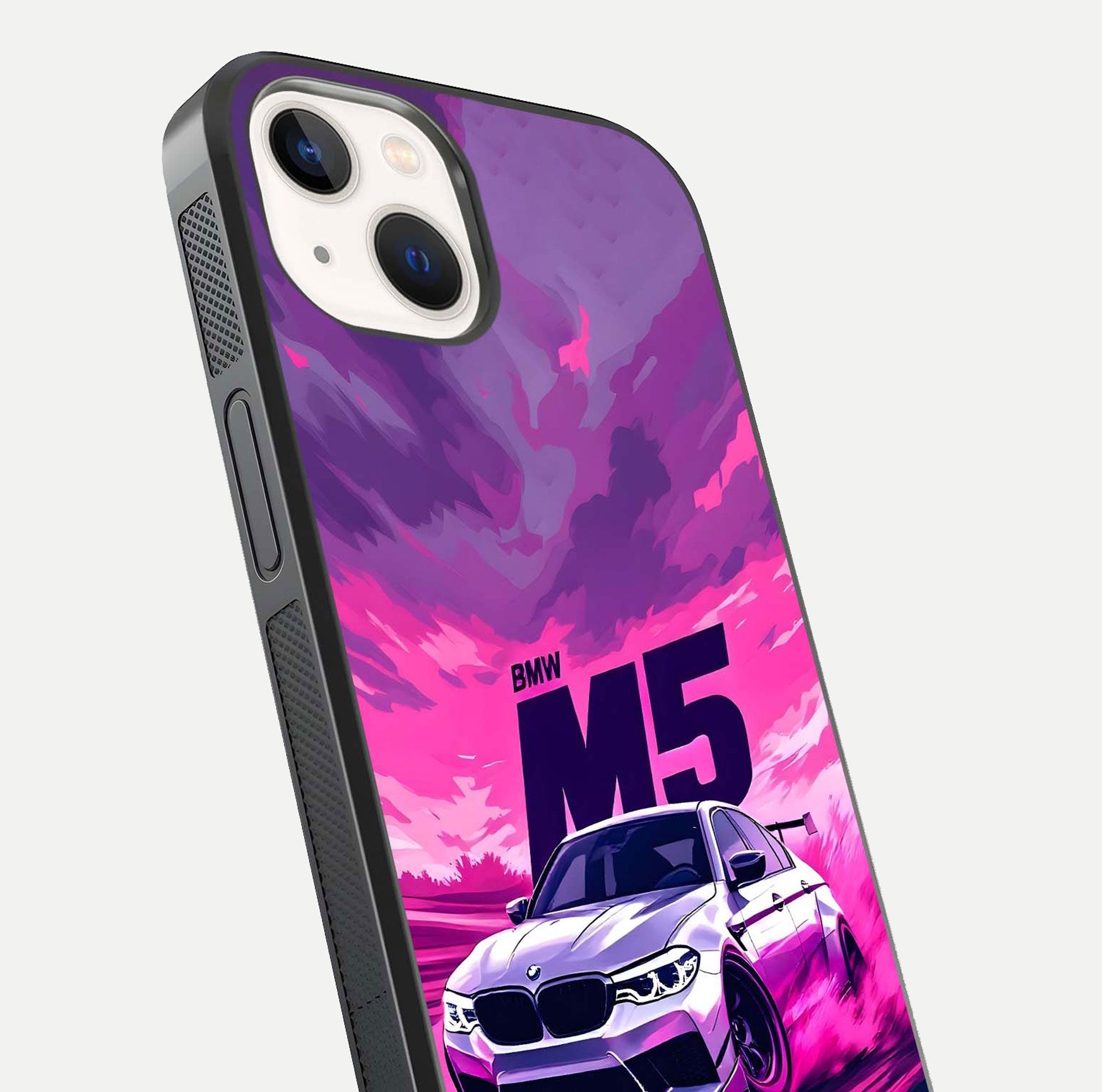 MS Neon Car Glass Case for iPhone 14 close-up angled shot showing vivid neon reflections and shine