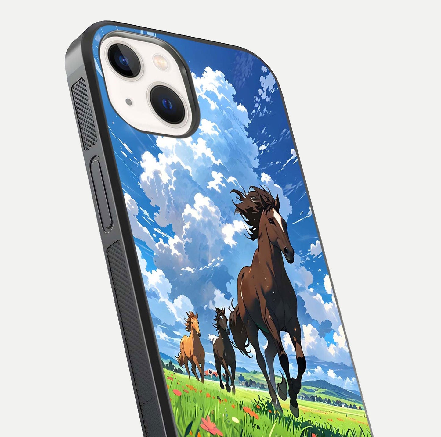 Majestic Horses Galloping Glass Case for iPhone 14 close-up angled shot showing horse motion and reflection