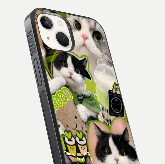 Matcha Cats Mood Glass Case for iPhone 14 close-up angled shot showing adorable cat art and reflection detail