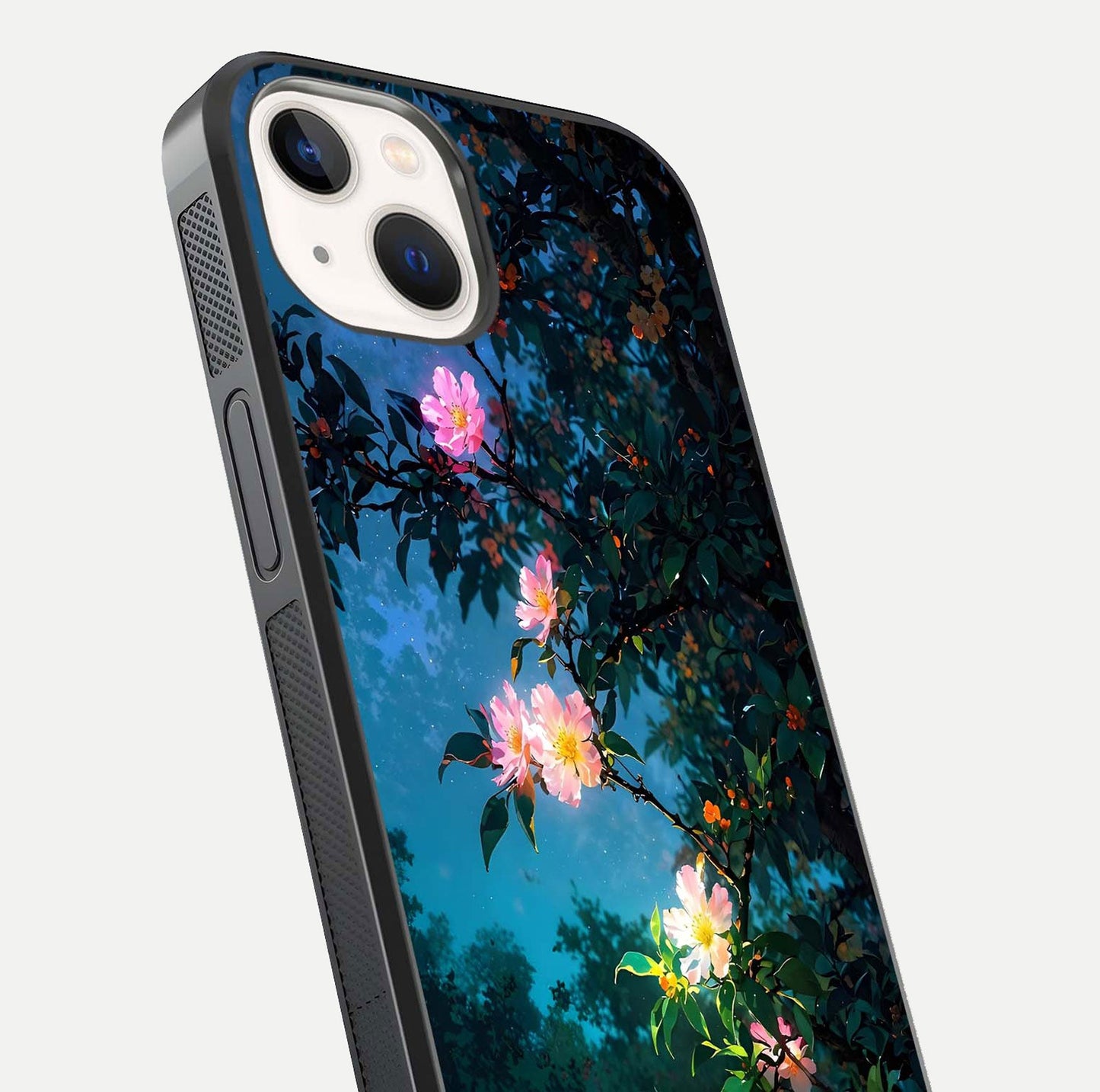 Midnight Bloom Glow Glass Case for iPhone 14 close-up angled shot showing petal highlights and glow reflection