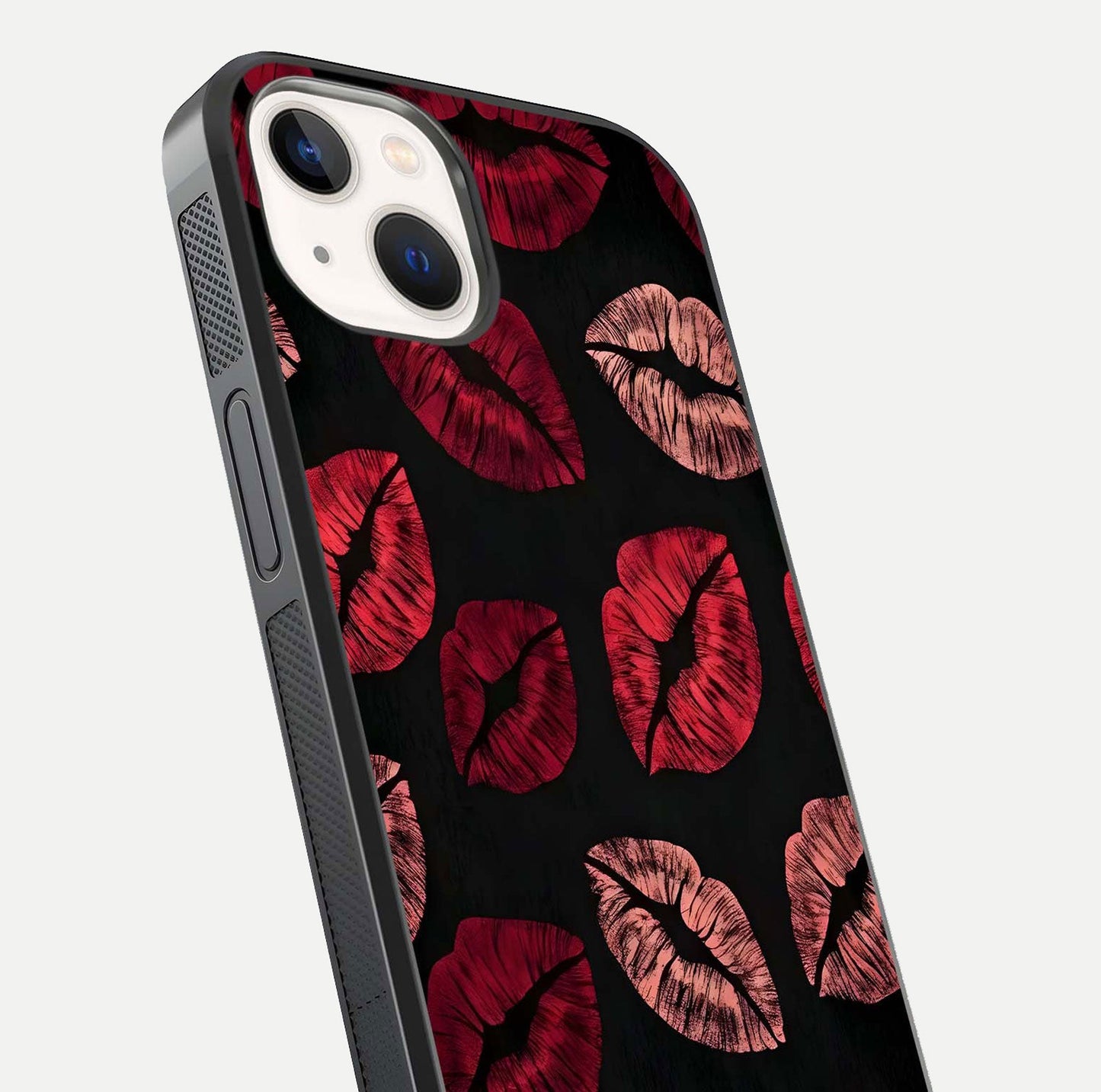 Midnight Kiss Love Glass Case for iPhone 14 close-up angle highlighting red accents and reflection shine
