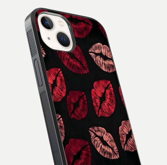 Midnight Kiss Love Glass Case for iPhone 14 close-up angle highlighting red accents and reflection shine