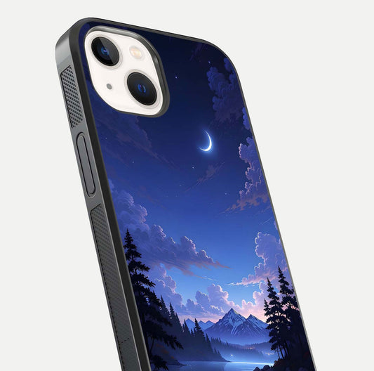 Midnight Lake Peace Glass Case for iPhone 14 close-up angled shot showing blue night tones and reflection