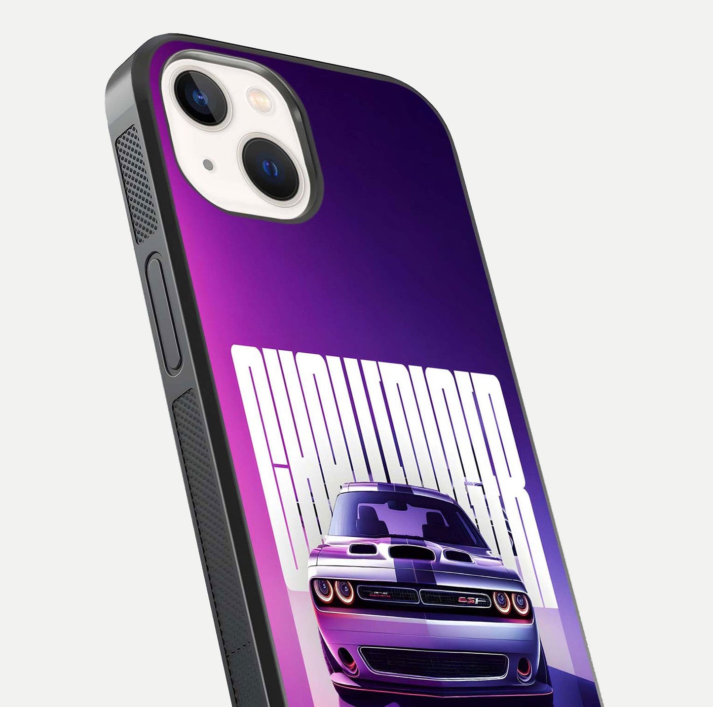 Midnight Muscle Ride Glass Case for iPhone 14 close-up angled shot showing HD reflections and car details