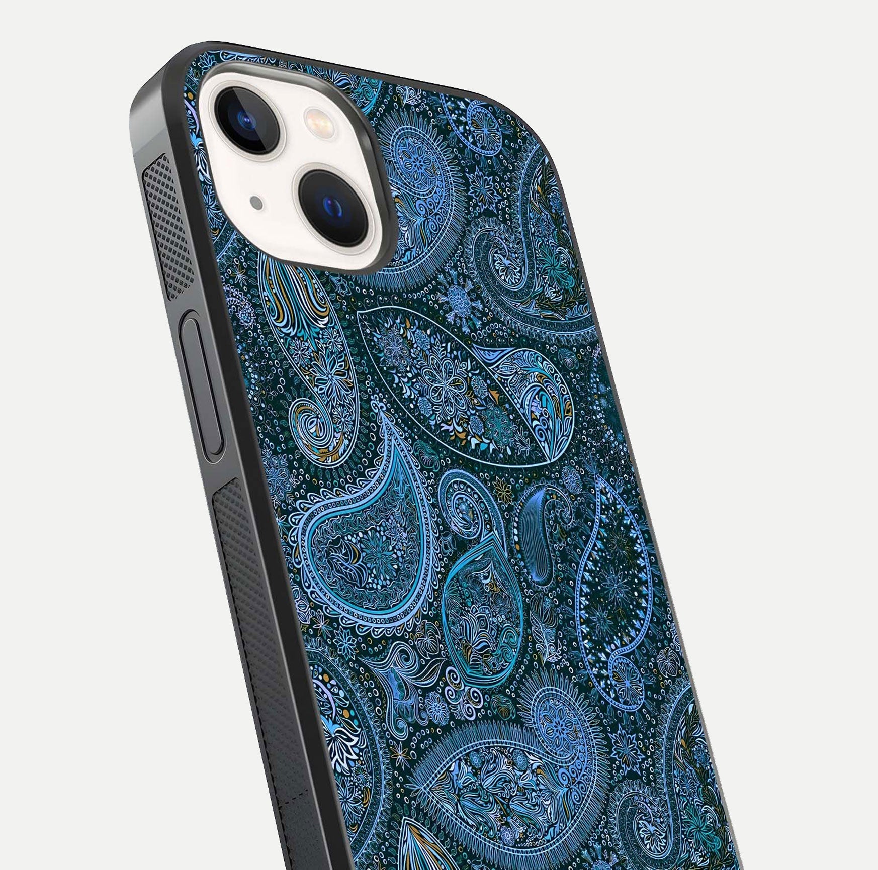 Midnight Paisley Glow Glass Case for iPhone 14 close-up angled shot showing floral details and gloss texture