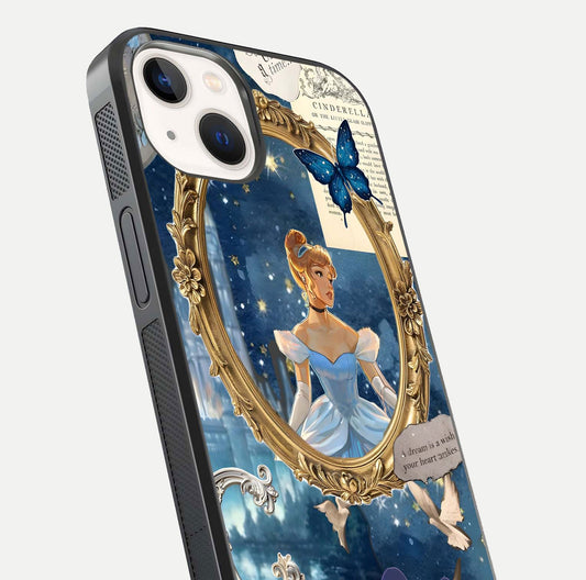 Midnight Queen Glass Case for iPhone 14 close-up angled shot featuring crown motif and gloss reflection